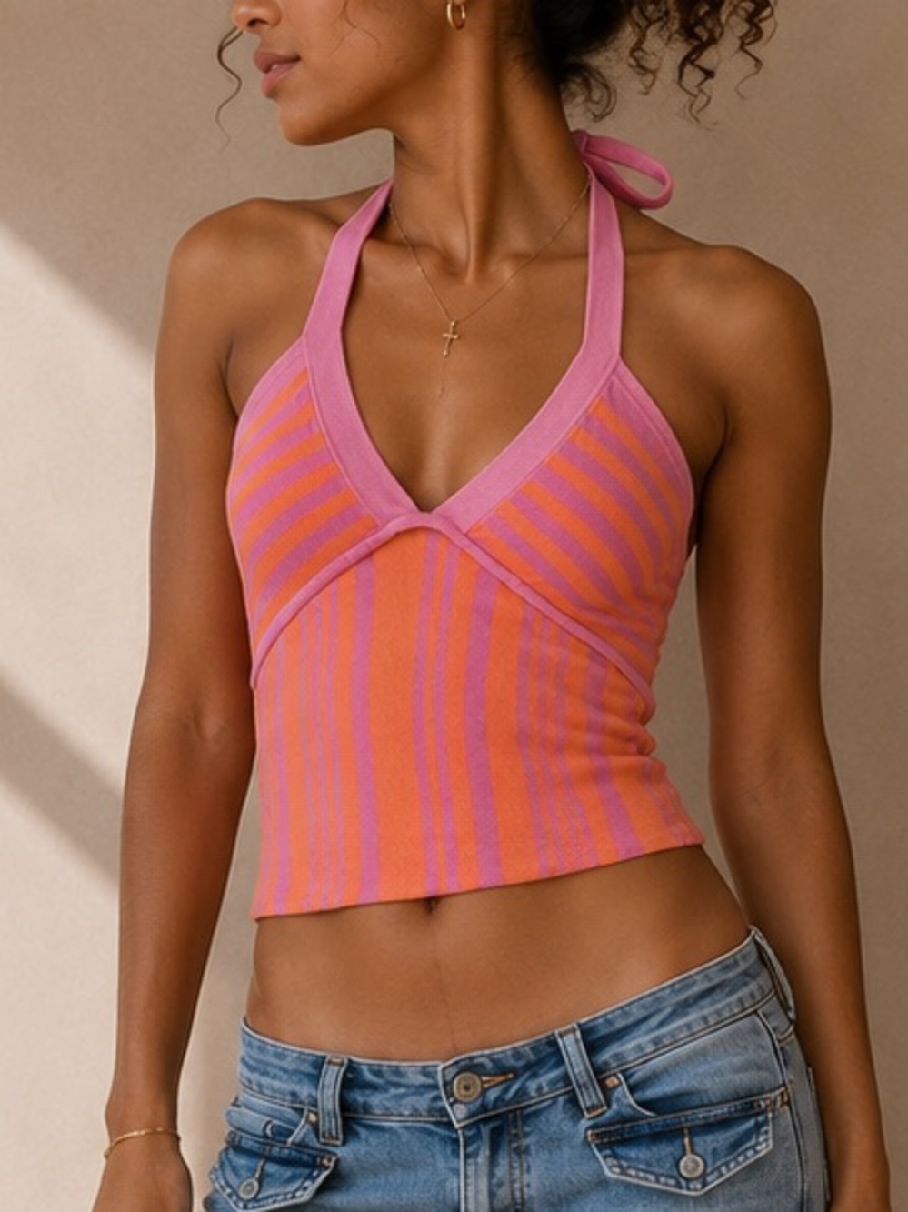 Y2K Le Chateau Pink & Orange Striped Halter Top